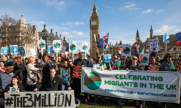 Protesters outside parliament during a day of action in support of migrant workers and EU citizens.