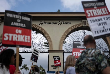 Demonstrators rally outside the Paramount Pictures Studio this week. The writer’s strike was one of the longest in Hollywood history.