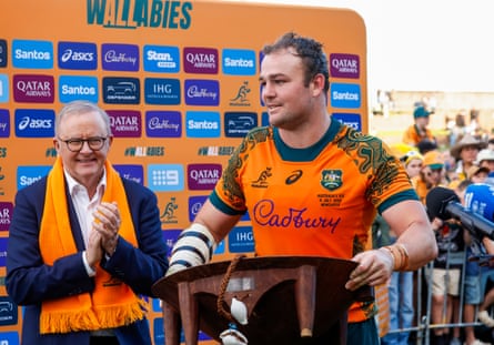 Wallabies captain Harry Wilson alongside prime minister Anthony Albanese after the Fiji match in Newcastle