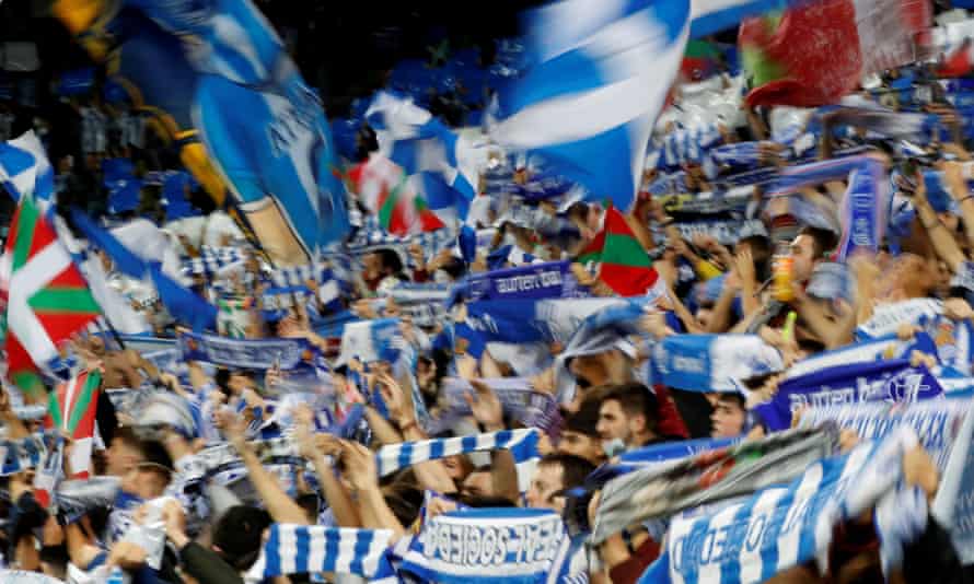 The Real Sociedad fans cheer on their team before the game.