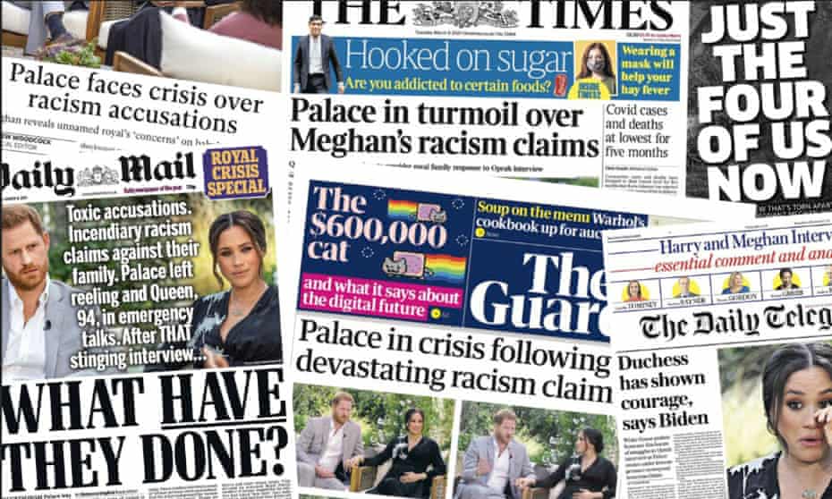 UK newspaper front pages on 9 March, following Oprah’s explosive interview with Harry and Meghan