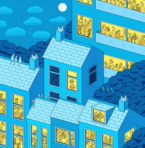 Only the lonely: Illustration of a street of houses with windows showing people having fun