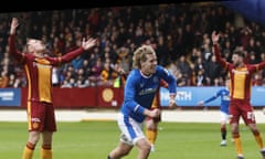 Todd Cantwell celebrates his first Rangers goal in his side’s win at Motherwell.