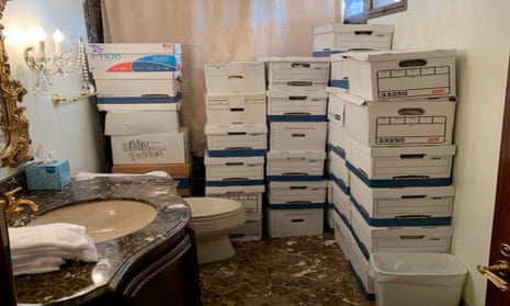 This image, contained in the indictment against former President Donald Trump, shows boxes of records stored in a bathroom and shower in the Lake Room at Trump’s Mar-a-Lago estate in Palm Beach, Fla. Trump is facing 37 felony charges related to the mishandling of classified documents according to an indictment unsealed Friday, June 9, 2023. (Justice Department via AP)