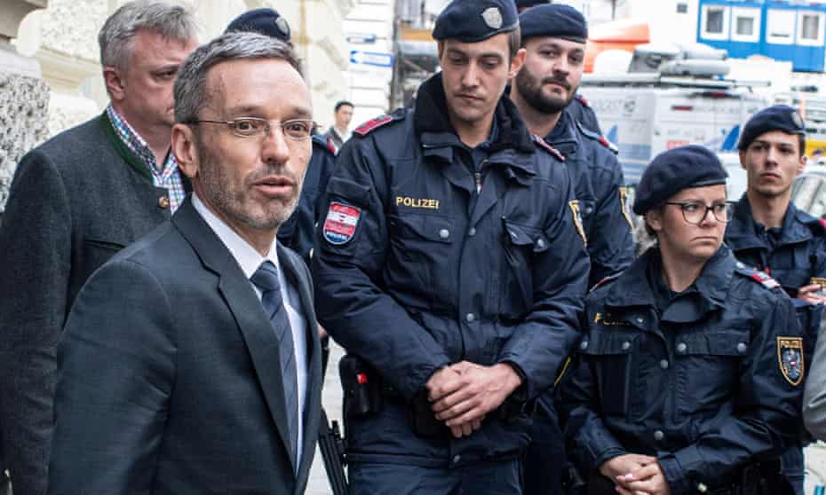 Herbert Kickl leaves the parliamentary group office of Austria’s Freedom party in Vienna after being fired. 
