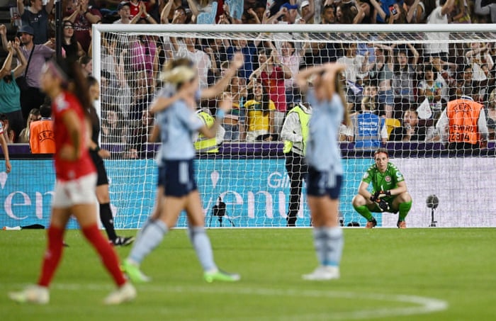 Danish goalkeeper Lene Christensen looks dejected after Spain's Marta Cardona scored the winning goal in the last minute.