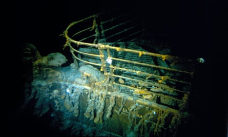 This handout image taken during the historical 1986 dive, courtesy of Woods Hole Oceanographic Institution and released 15 February 2023 shows the Titanic bow.