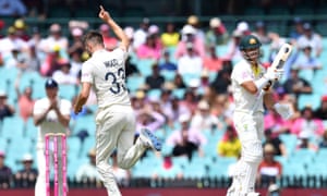 Mark Wood of England celebrates the wicket of David Warner of Australia