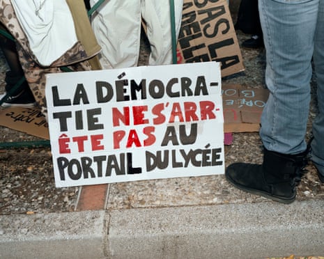 A sign says ‘Democracy does not stop at the high school gates’ outside Michelet Sixth Form College in Montauban.