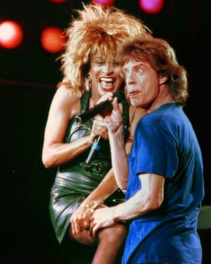 Tina Turner singing with Mick Jagger at the Live Aid concert at JFK Stadium in Philadelphia, Pennsylvania on 13 July 1985