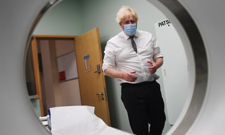 Boris Johnson in a CT scan room during a visit to Hexham general hospital, 8 November, 2021.