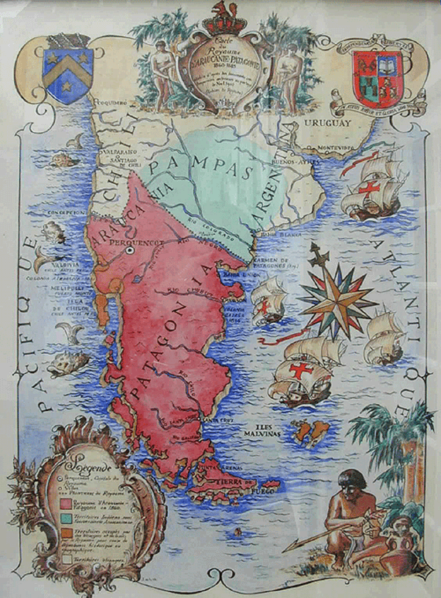 A map , supposedly from 1860, which shows the geographical reality of the Mapuche nation at the time of the foundation of the Kingdom of Araucania and Patagonia.