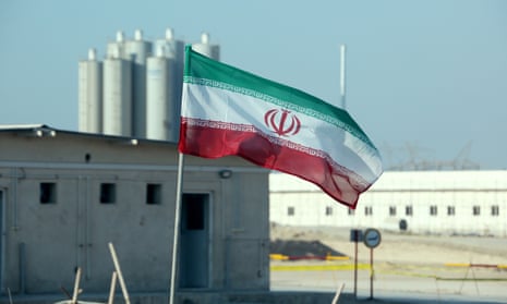 An Iranian flag at Bushehr, Iran’s only nuclear power station, during an official ceremony to kick-start works on a second reactor at the facility. 