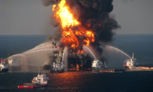 The Deepwater Horizon oil rig ablaze in the Gulf of Mexico, April 2010