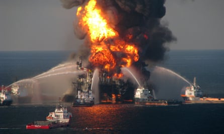 The Deepwater Horizon oil rig ablaze in the Gulf of Mexico, April 2010