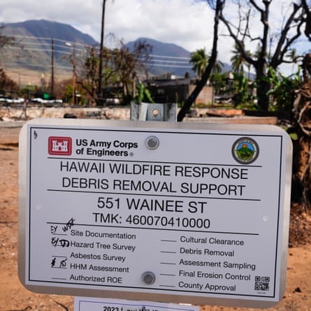 A US Army Corps of Engineers sign shows what surveys and assessments have been completed at the Lahaina Hongwanji Mission