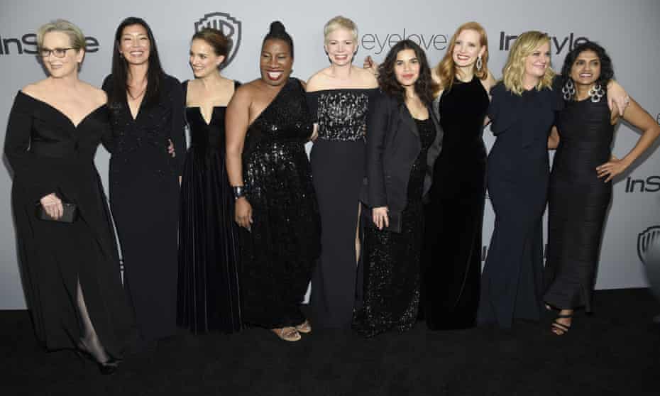 From left: Meryl Streep, Ai-jen Poo, Natalie Portman, Tarana Burke, Michelle Williams, America Ferrera, Jessica Chastain, Amy Poehler, and Saru Jayaraman arrive at the Golden Globes afterparty in Beverly Hills.