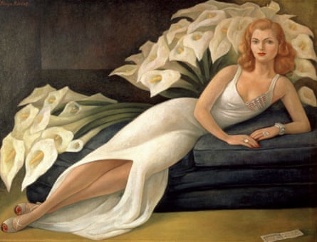 A painting of a woman on a sofa, surrounded by lilies