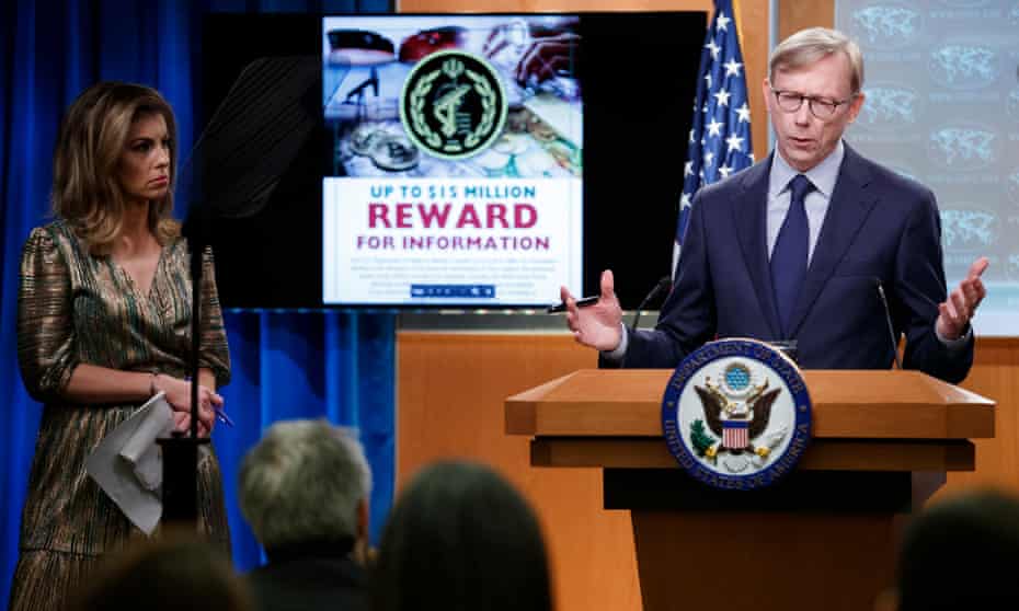 The US special representative for Iran, Brian Hook, outlines a reward of up to $15m for information leading to the disruption of the financial mechanisms of Iran’s Islamic Revolutionary Guard Corps.