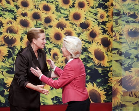 Denmark's prime minister Mette Frederiksen welcomes European Commission President Ursula von der Leyen on the day of the European Political Community summit in Copenhagen, Denmark.