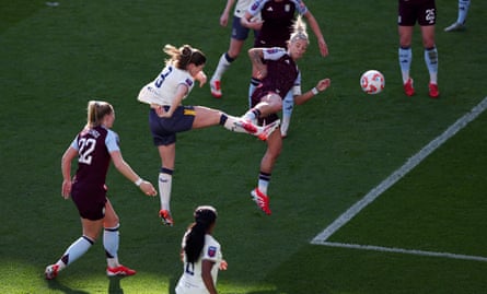 Maren Mjelde beats Rachel Daly to the ball to score for Everton.