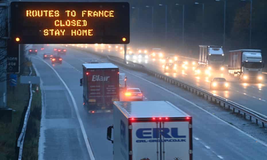 A sign on the M56 motorway in north-west England informs drivers that all routes into France are closed