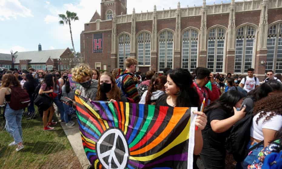 Students at Hillsborough high school in Tampa protest the ‘don’t say gay’ bill.