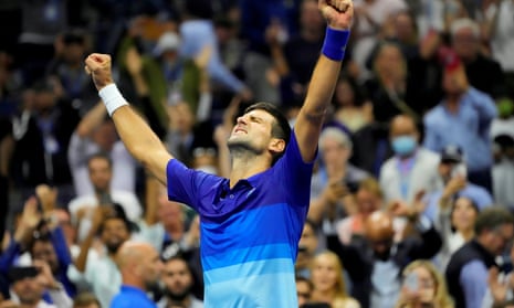 Novak Djokovic celebrates after his semi-final victory against Alexander Zverev