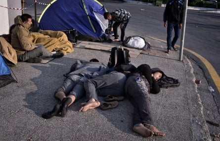 Afghan refugees sleep on the streets of  Mytilene, the capital and port of Lesbos.