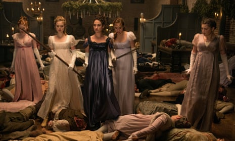 Bella Heathcote, Suki Waterhouse, Lily James, Ellie Bamber and Millie Brady in Pride and Prejudice and Zombies.