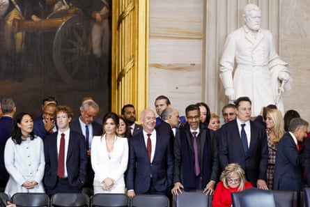 Priscilla Chan, co-founder of the Chan Zuckerberg Initiative LLC, from left, Mark Zuckerberg, chief executive officer of Meta Platforms Inc., Lauren Sanchez, Jeff Bezos, founder of Amazon.com Inc., Sundar Pichai, chief executive officer of Alphabet Inc., and Elon Musk, chief executive officer of Tesla Inc., during Donald Trum’s presidential inauguration in the rotunda of the US Capitol in Washington, DC, US, on 20 January 2025