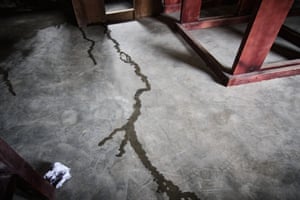 Water leaking on the floor of a classroom at La Fe in Equatorial Guinea