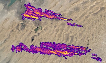 Methane plumes streaming westward for more than 20 miles east of Hazar, Turkmenistan.
