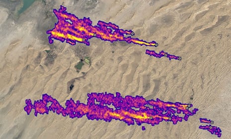 A Nasa satellite image of methane plumes east of Hazar, Turkmenistan, in October 2022