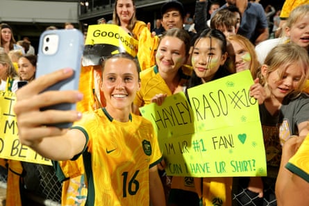 Hayley Raso of Australia takes a selfie with fans in 2023