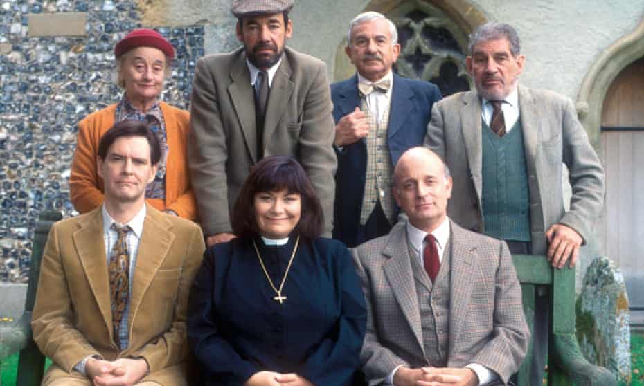 Gary Waldhorn, front row, right, with cast members of The Vicar of Dibley: top, from left, Liz Smith, Roger Lloyd-Pack, John Bluthal and Trevor Peacock, and front, James Fleet and Dawn French.