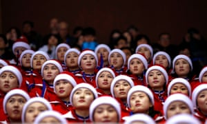 North Korean cheerleaders watching the Women’s 1000m Short Track Speed Skating.