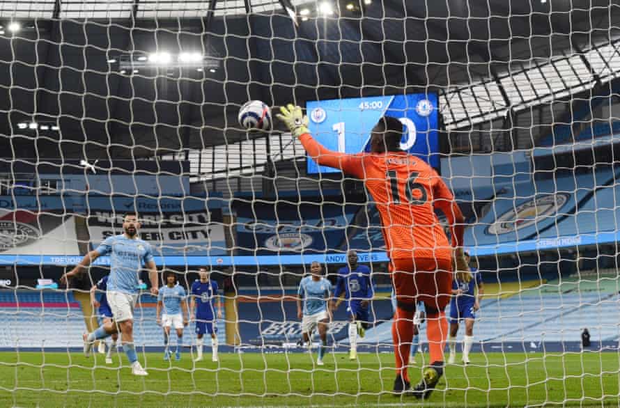 Edouard Mendy of Chelsea easily saves a penalty from Sergio Aguero of Manchester City, who tried to dink it down the middle.