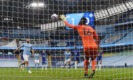 Édouard Mendy saves a penalty from Manchester City’s Sergio Agüero this month.