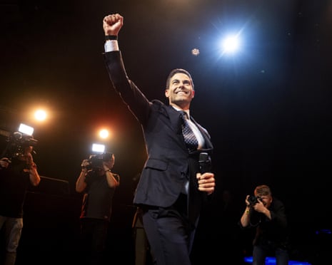 Democrats 66 (D66) party leader Rob Jetten (C) reacts to the first results in the Dutch general election, in Leiden, the Netherlands.