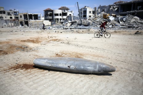 An unexploded missile is found after Israeli forces' withdrawal from parts of Khan Younis in Gaza.