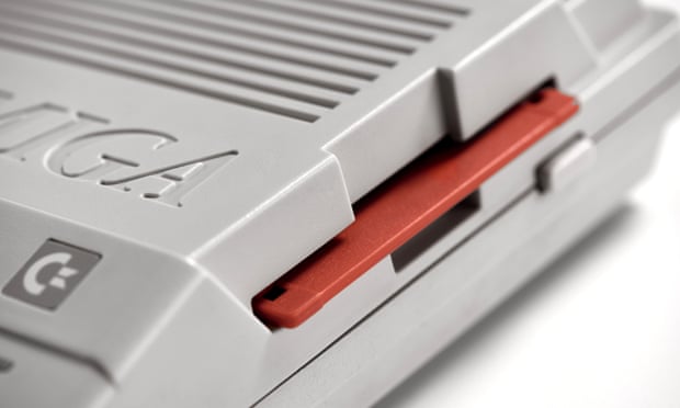 Detail of floppy disk drive on a vintage 1980s Commodore Amiga 500 personal computer and games console.