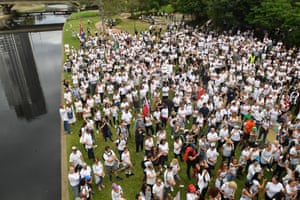 Protesters participate in a ‘Reclaim The Line’ rally against vaccination mandates along the Parramatta River in Sydney
