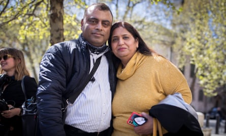 Seema Misra, a former post office operator, with her husband Davinder outside the Royal Courts of Justice, London, where her conviction for theft was overturned in 2021.