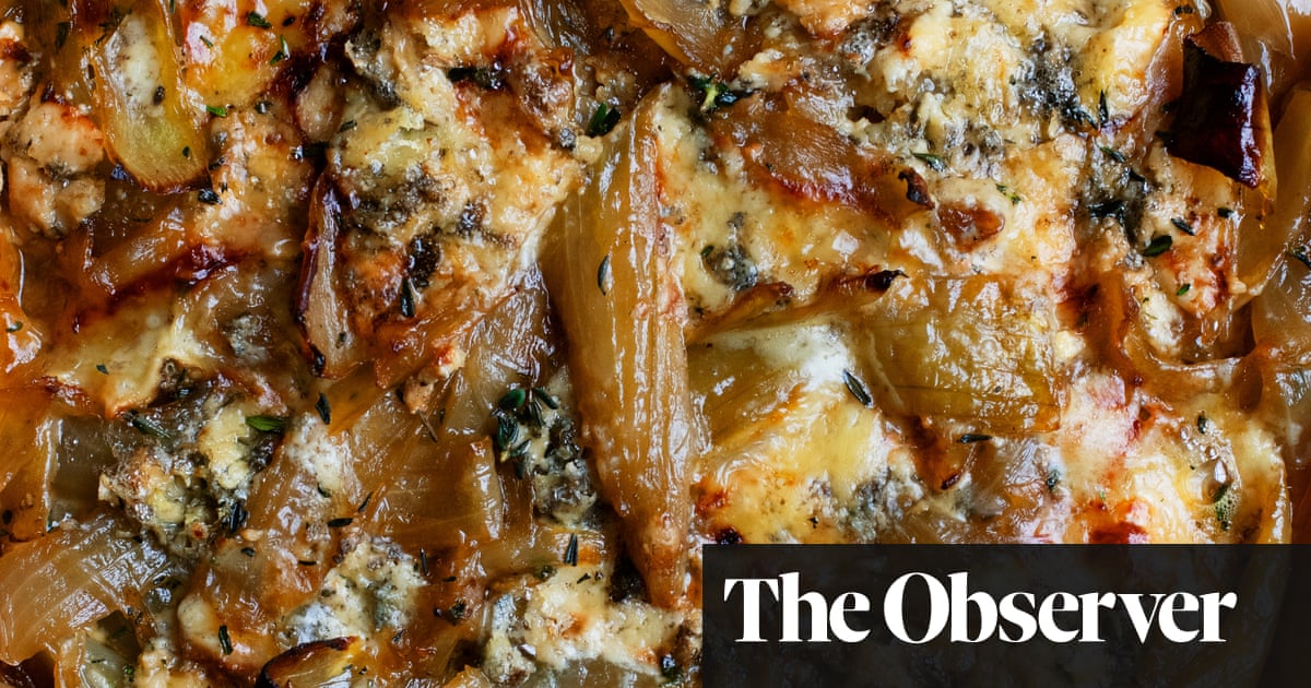 Nigel Slater's recipes for onion tart, and sweet potato, with miso and maple syrup dressing