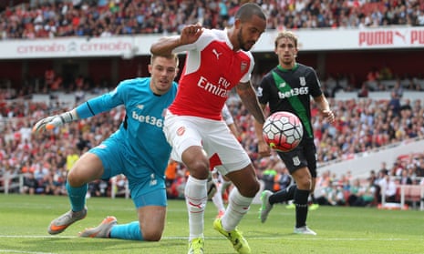 Arsenal’s Theo Walcott scored against Stoke City but missed a glut of chances, partly because of the in-form goalkeeper Jack Butland