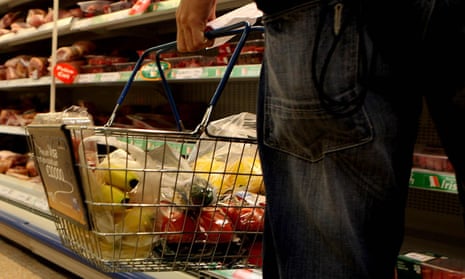 A person carrying a shopping basket containing food