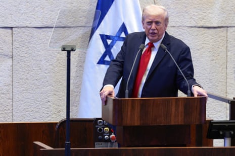 Donald Trump addresses the Knesset in a speech lasting over an hour.