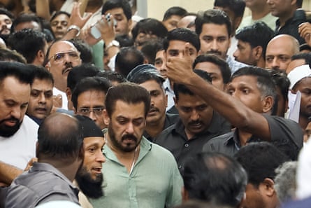 Bollywood actor Salman Khan (front centre) leaves after paying his respects to the assassinated Indian politician Baba Siddique in Mumbai.