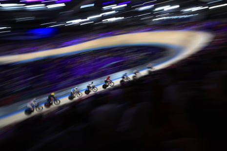 Riders in action during the men’s omnium points gold medal race during the track cycling competitions at Saint-Quentin-en-Yvelines Velodrome.